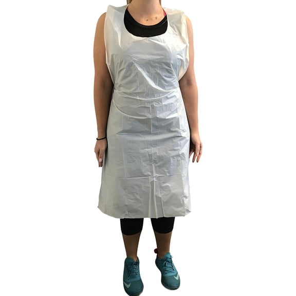 Disposable Poly Aprons, 24 by 42 inches, 0.8 mils thick, Individually Packed, White, Bib Style