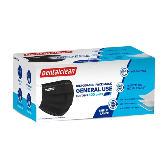 Disposable Protective Face Mask 3-Ply Non-Woven with Nose Clip & Ear Loops  Breathable Multi-Layer Design, 100 Count, Black  Dentalclean