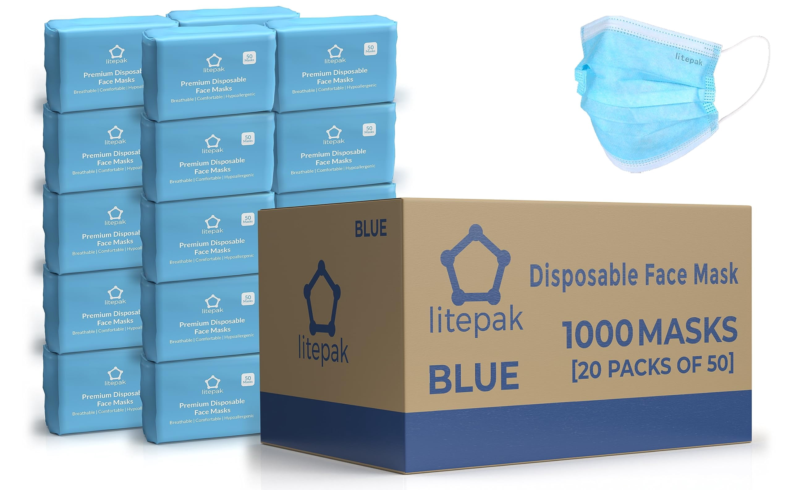 Disposable Protective Face Masks 1000 Pieces, Home Office Essential Breathable Material, Blue