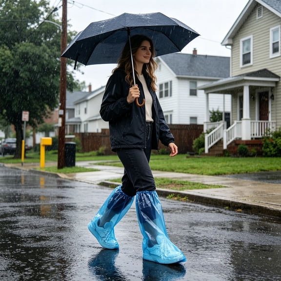 Disposable Rain Boot Covers, Waterproof Shoe Covers, Extra Tall Full Boot Protection Overshoes, Heavy Duty Plastic Material with Treaded Sole Safety Grip and Stretchable Elastic Opening