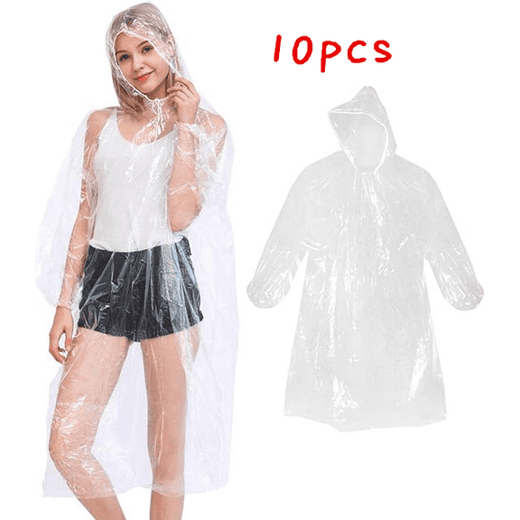 Disposable Rain Poncho for Adults, 10 Packs Clear Emergency Rain Poncho with Hood Thick Raincoat for Men Women