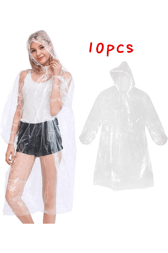 Disposable Rain Poncho for Adults, 10 Packs Clear Emergency Rain Poncho with Hood Thick Raincoat for Men Women