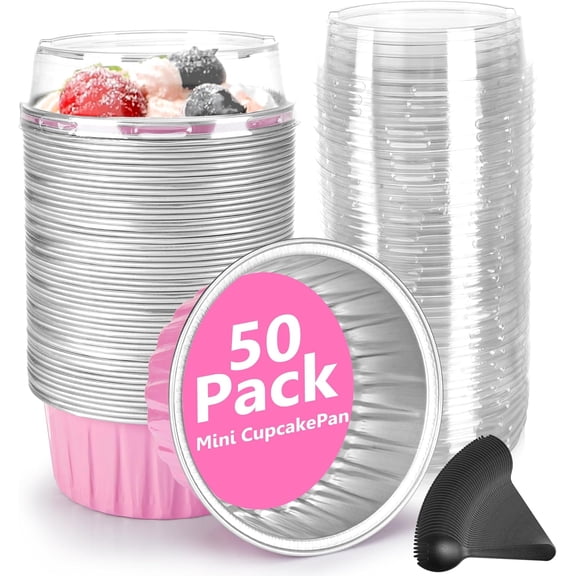 Disposable Ramekins 50 Packs with Lids and Spoons,Mini Cake Pans Round Aluminum Foil Cupcake Baking Cups Muffin Cups Tins,Disposable Cakecup Wrappers Cheesecake Creme Brulee-5 Oz (Pink)