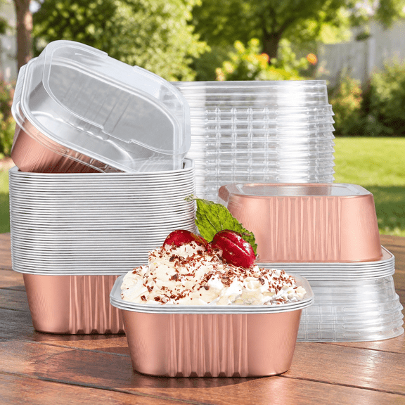 Disposable Ramekins, 50pcs 10oz Rose Gold Creme Brulee Ramekins Disposable Muffin Cups for Baking, Mini Cake Pans with Lids Loaf Bread Containers Cupcake Liners for Party Favor Birthday