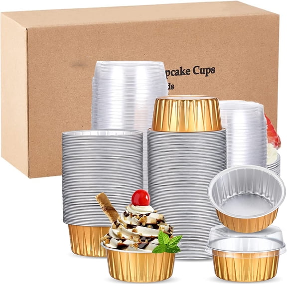 Disposable Ramekins with Lids, 10 Pack/ 5 oz Gold Aluminum Foil Dessert Baking Cups, Reusable Cupcake Liners Pudding Cups for Wedding, Christmas, Kitchen, Party, Various Holiday Parties