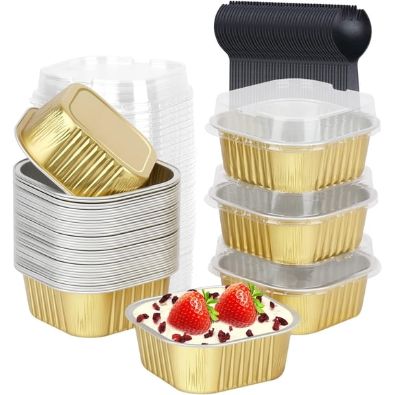 Disposable Ramekins With Lids 40 Pack, 5oz Aluminum Foil Mini Cupcake Muffin Pan,Square Mini Cake Pan Brownie Baking Cups Muffin Tin Dessert Cups For Wedding Party-Gold