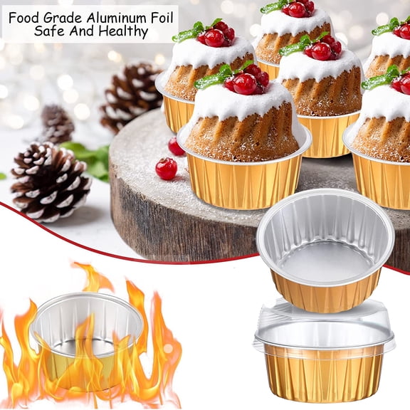 Disposable Ramekins with Lids,45 Pack/ 5 oz Gold Aluminum Foil Dessert Baking Cups, Reusable Cupcake Liners Pudding Cups for Wedding, Christmas, Kitchen, Party, Various Holiday Parties