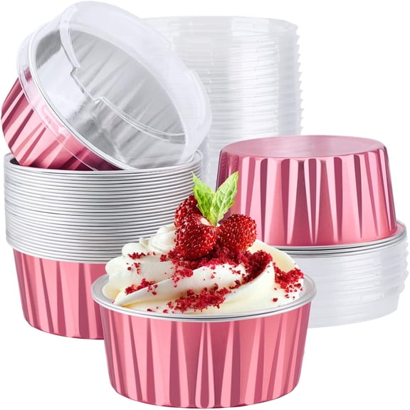 Disposable Ramekins with Lids, 50pcs 5oz Aluminum Foil Cupcake Liners Ramekins Cups for Baking, Dessert Cups Aluminum Cheesecake Pan Creme Brulee Baking Cups for Oven-Carmine