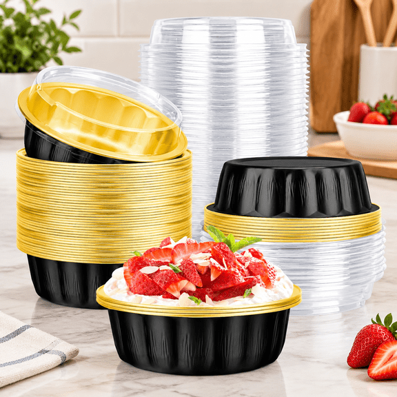 Disposable Ramekins with Lids, Black Gold 50 Pack 14.2oz Aluminum Foil Mini Cake Loaf Pans with Lids, Disposable Bread Pan Muffin Baking Cups for Baking Party Favor Birthday