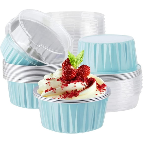 Disposable Ramekins with Lids, Lake Blue 25Packs 5oz Aluminum Foil Mini Muffin Liners, Dessert Cheesecake Pan Creme Brulee Cupcake Ramekins Containers for Catering Gathering Club Wedding Party