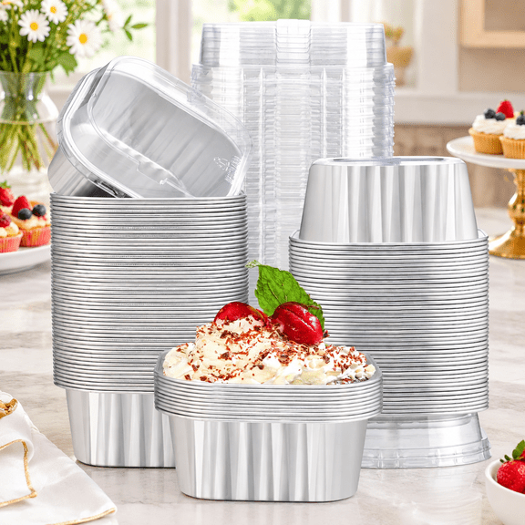 Disposable Ramekins with Lids, Silver 10oz Creme Brulee Ramekins Disposable, Muffin Cups for Baking, Mini Cake loaf Bread Containers Pans Cups with Lids for Party Favor Birthday