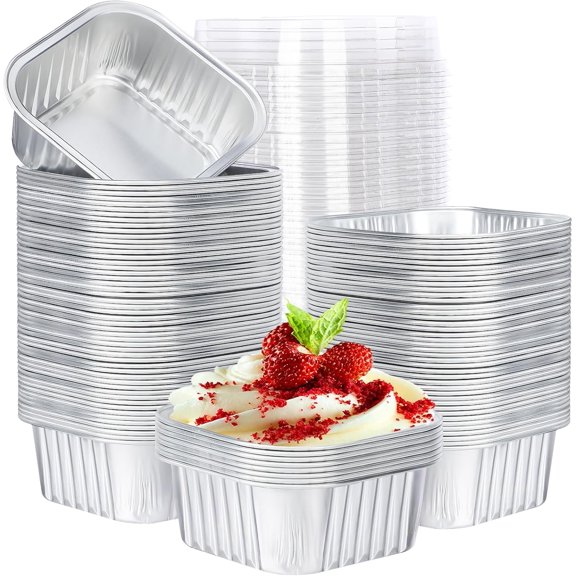 Disposable Ramekins with Lids, Silver 5oz 100pcs Creme Brulee Ramekin Disposable, Aluminum Foil Baking Cups,Creme Brulee Ramekins Muffin Square Cupcake Cups Pans with Lid