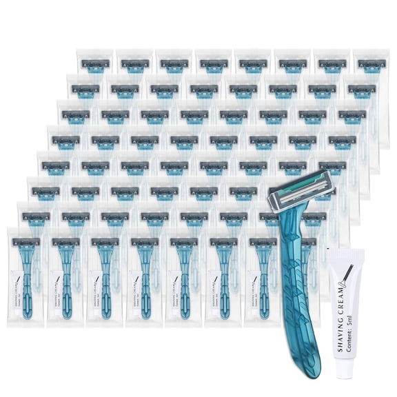Disposable Razors Bulk, Blue Individually Wrapped With Shaving Cream For Hotels, Shelters, Homeless, Nursing Homes, Charities, Churches (60-PACK)