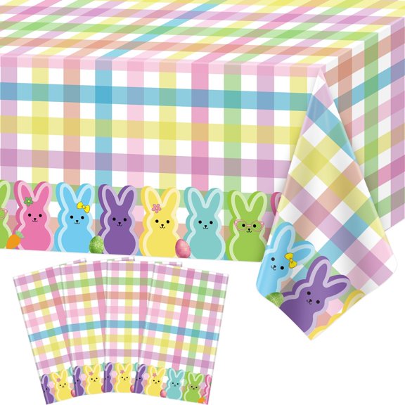 Disposable Rectangle Table Covers, 4 Pack, 51 x 86 In, Spring Buffalo Plaid Bunny Print, Colorful Easter Party Tablecloths For Picnic And Birthday Supplies