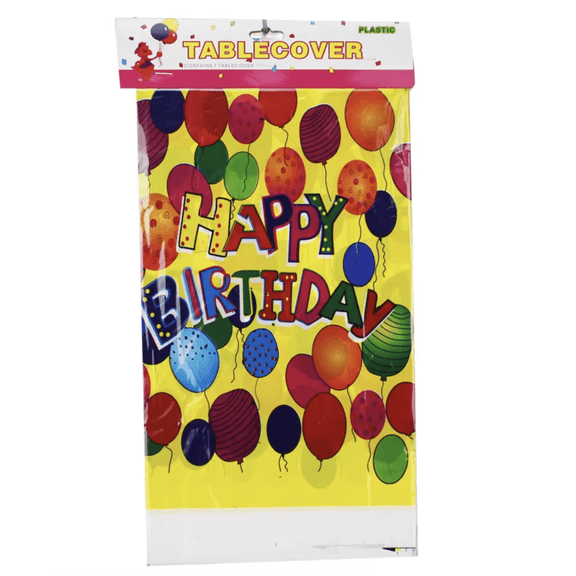 Disposable Rectangular Yellow Waterproof 108 x 54 in Birthday Party Balloons Cake Happy Birthday Plastic Tablecloth
