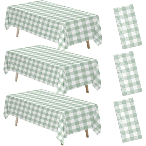 Green Checkered Tablecloth Set of 3, Sage Gingham Disposable Party Table Cover for Bridal Shower Picnic Birthday Decor, 55in x 86in