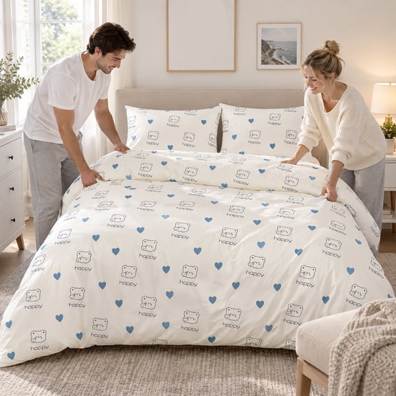 Disposable Sheet Set for Travel, 4-piece King-size Bedding with Sweet Blue Bear Prints, Portable Ready-to-use Bedspread Kit for Hotel, Business Trips and Camping