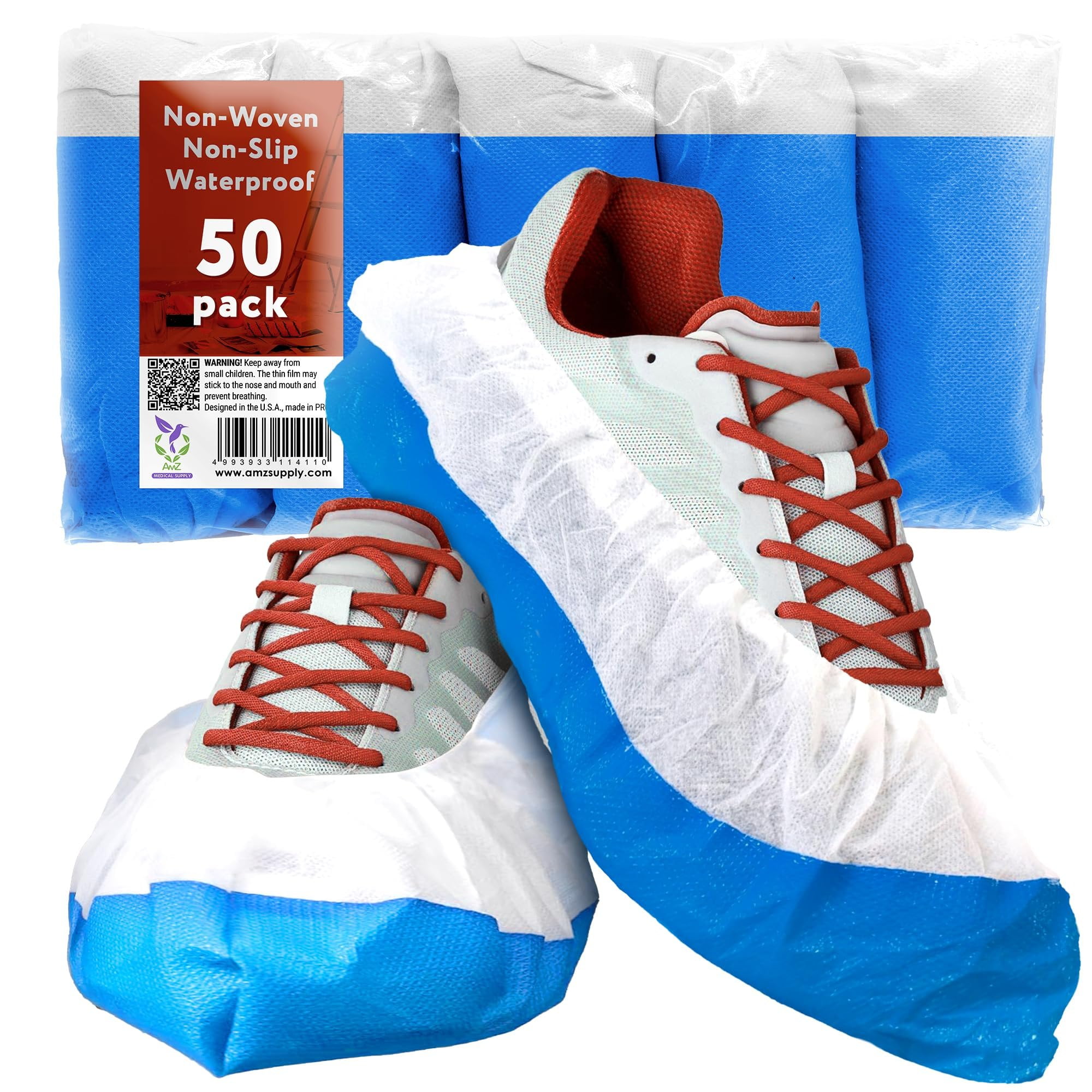 Disposable Shoe Covers for Indoors, 6 x 15 Inches. Pack of 50 White Blue Shoe Covers Disposable Non Slip. CPE Overshoes for Men. Shoes Booties for Women with Double Layer Bottom