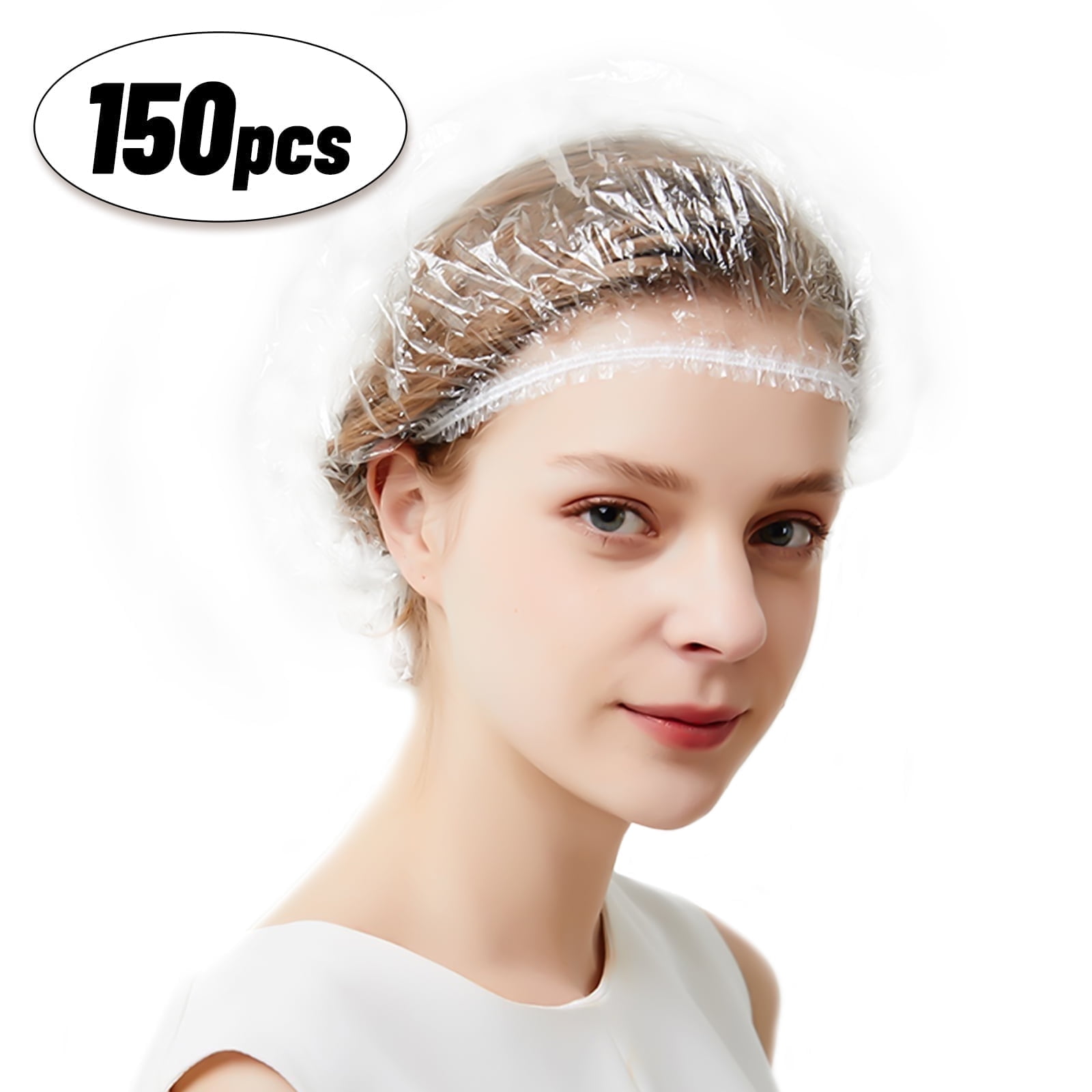 Disposable Shower Caps Large, 150Pcs MoHern Plastic Shower Cap for Women & Men Waterproof Bath, Hotels, Travel, Hair Dye, SPA, Home