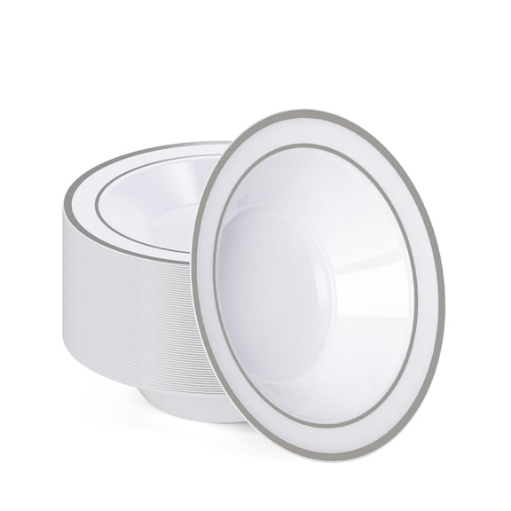 Disposable Silver Plastic Bowls 50 Count 12 Oz For Soup, Salad, Dessert And Catering