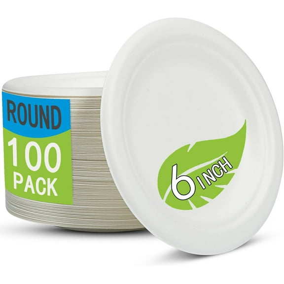 Disposable Small White Paper Plates 6 Inch - 100 Counts Heavy Duty Biodegradable Bagasse Plates, Compostable & Leak-Proof, Microwave Safe for Birthday Party Desserts, Appetizer, Snacks & Mini Cake