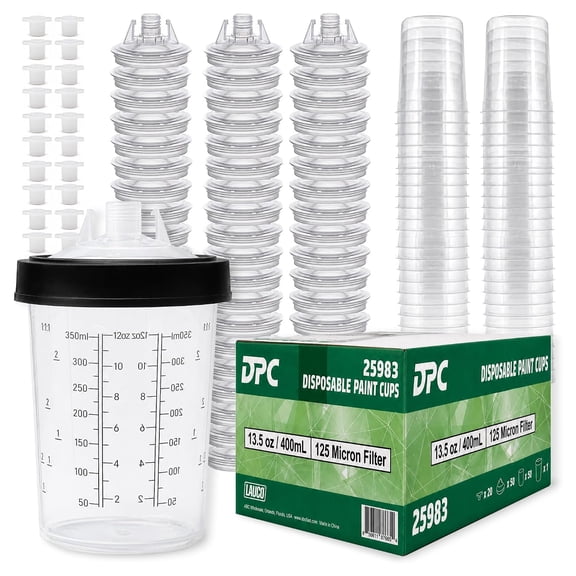 LAUCO Disposable Spray Gun Paint Cups Kit – 50 Pack Liners & Lids with 125 Micron Strainer, Hard Cup, Retainer Ring & Plugs (400ml/13.5oz Kit)