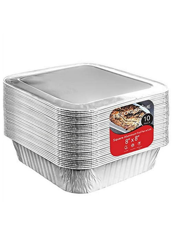 Disposable Square 8x8 Aluminum Foil Storage Pans with Lids (10 Count) by Stock Your Home