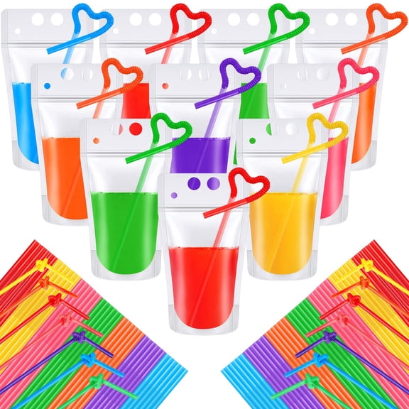 Disposable Storage Bags 500 Transparent Reclosable Drink Pouches with Straws