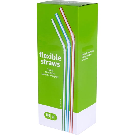 Disposable Striped Plastic Flex Straws, 7.5" Long, Assorted Colors, 100 Count, Large Pack