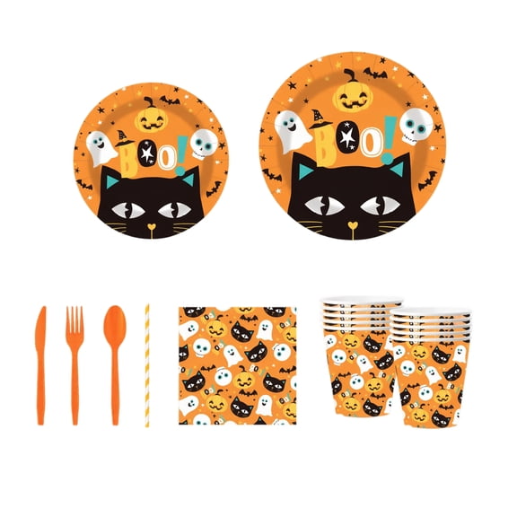 Disposable Tableware Set 90 Piece Cat Pumpkin Ghost Halloween Theme Serves 10 Guests for Halloween Party Gatherings