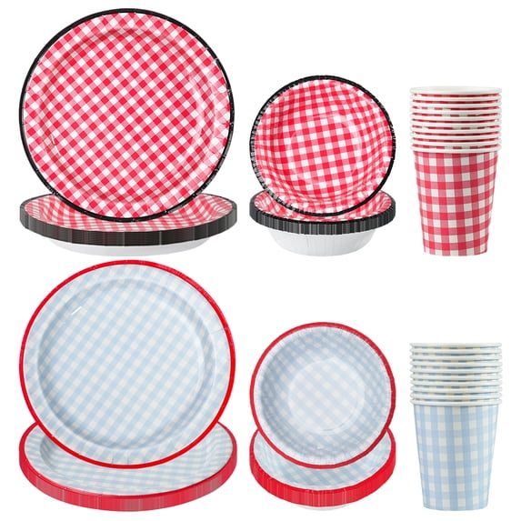 Disposable Tableware Set, Paper Plates, Bowls and Cups with Red Plaid Pattern, Thickened Cut-Resistant, Leak-Proof and Microwave Safe for Party, BBQ, Picnic and Family Use