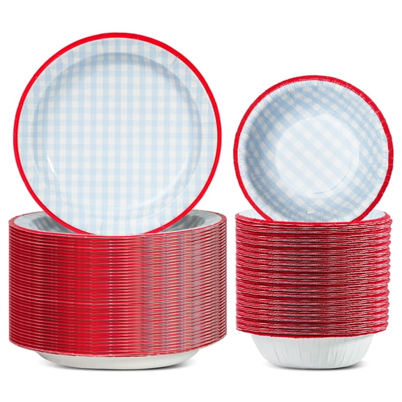 Disposable Tableware Set, Paper Plates, Bowls with Red Plaid Pattern, Thickened Cut-Resistant, Leak-Proof and Microwave Safe for Party, BBQ, Picnic and Family Use