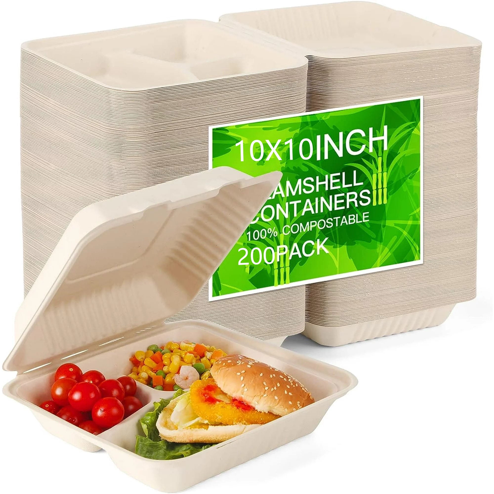 Disposable Take Out Food Container 200 Pack, 10X10 Clamshell Food Container With 3 Compartments