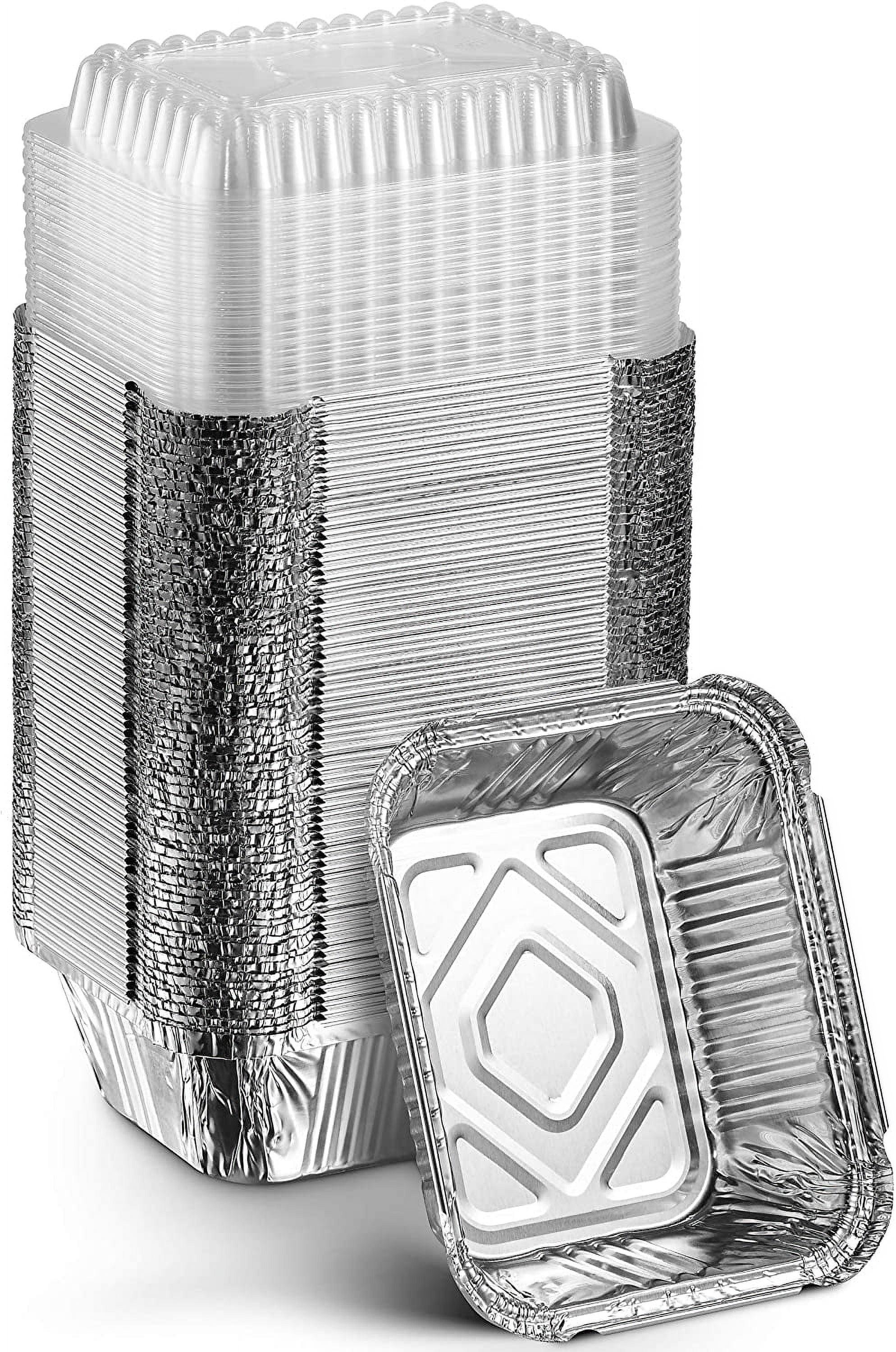 Disposable Takeout Pans with Clear Lids | 1lb Capacity Aluminum Foil Food Containers with Strong Seal for Freshness & Spill Resistance | Eco-Friendly & Recyclable | 50-Pack of 5x4” Drip Pan