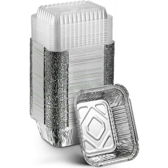 Disposable Takeout Pans with Clear Lids | 1lb Capacity Aluminum Foil Food Containers with Strong Seal for Freshness & Spill Resistance | Eco-Friendly & Recyclable | 50-Pack of 5x4” Drip Pan
