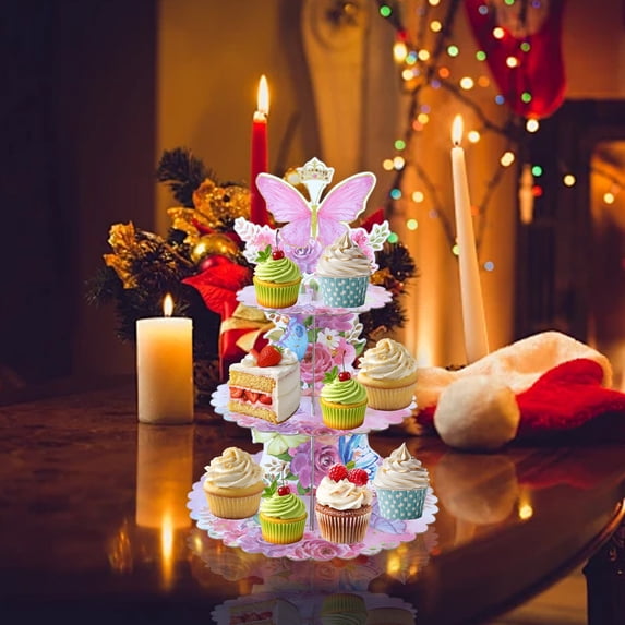 Disposable Three-Tier Paper Cake Stand with Cartoon Butterfly Design, Birthday/Wedding Dessert Table Display Tray, Weddings Home Gatherings Party Supplies, for Treats, Cupcakes & Snacks, 11.3*17.72in