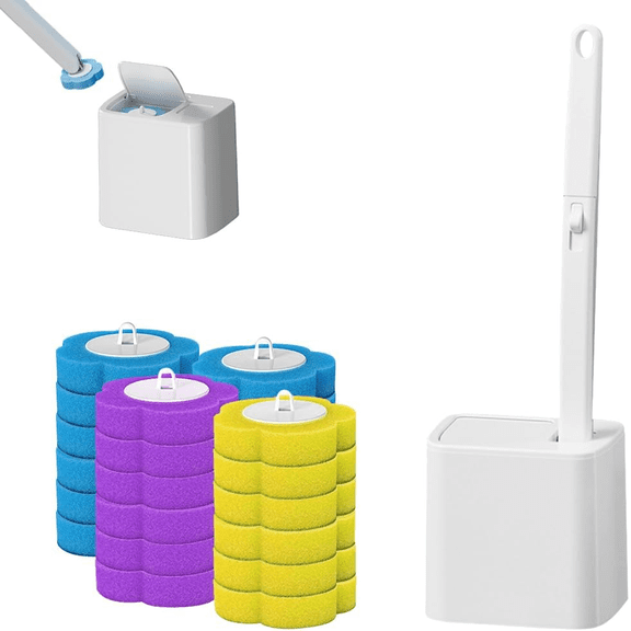 Disposable Toilet Brush with 24 PCS Replacement Heads , Toilet Wand Kit for Sink Bathtub Drain Wash Basin Urinal Wall-Mount Scrubbing Toilet Brush Bathroom Cleaning