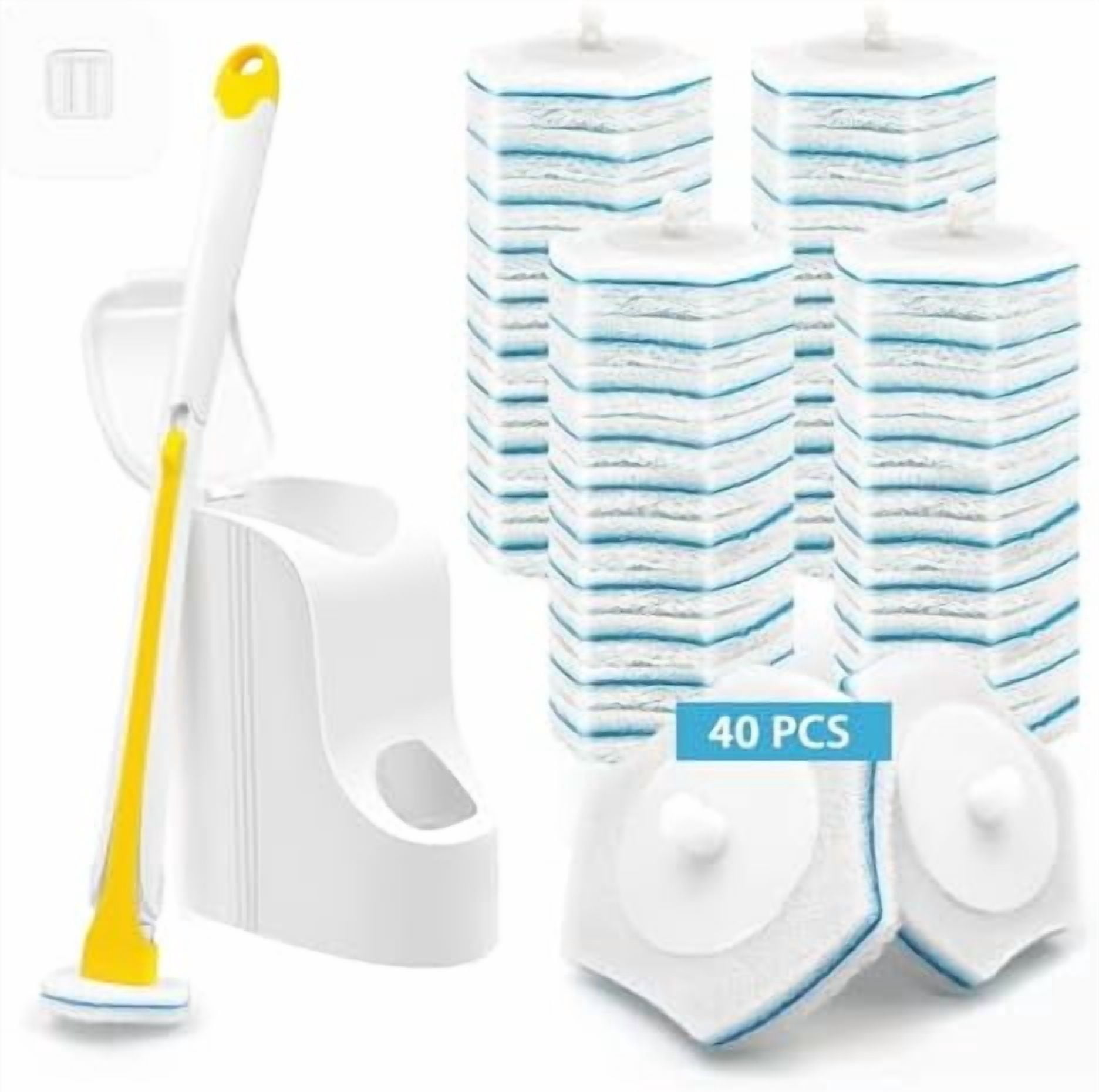 Disposable Toilet Brush with 40PCS Wand Cleaner Refills, Wall Mounted Toilet Bowl Brush Holder Set, Bathroom Cleaning System for Sink Bathtub Wash Basin (Yellow)