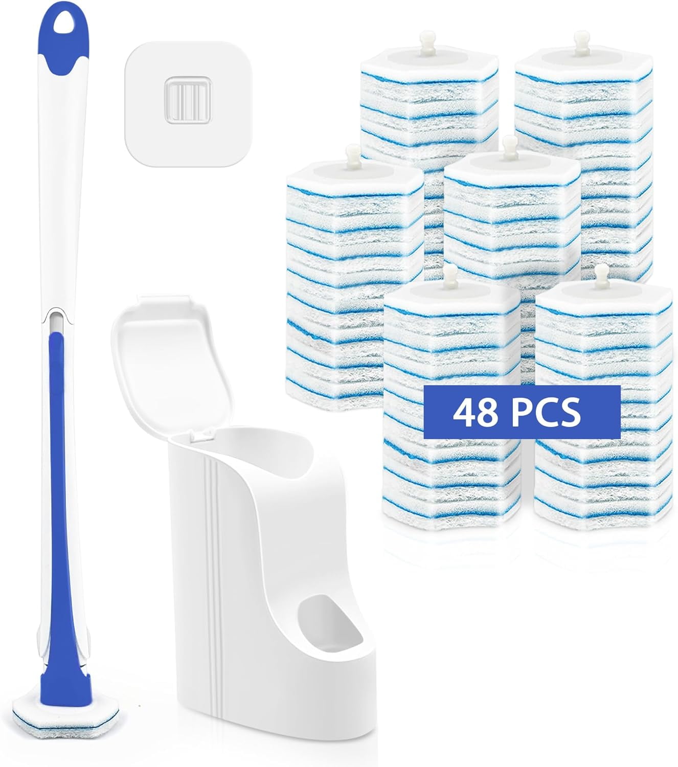 Disposable Toilet Brush with 48 Wand Cleaner Refills, Wall Mounted Toilet Bowl Brush Holder Set, Bathroom Cleaning System for Sink Bathtub Wash Basin (Blue)