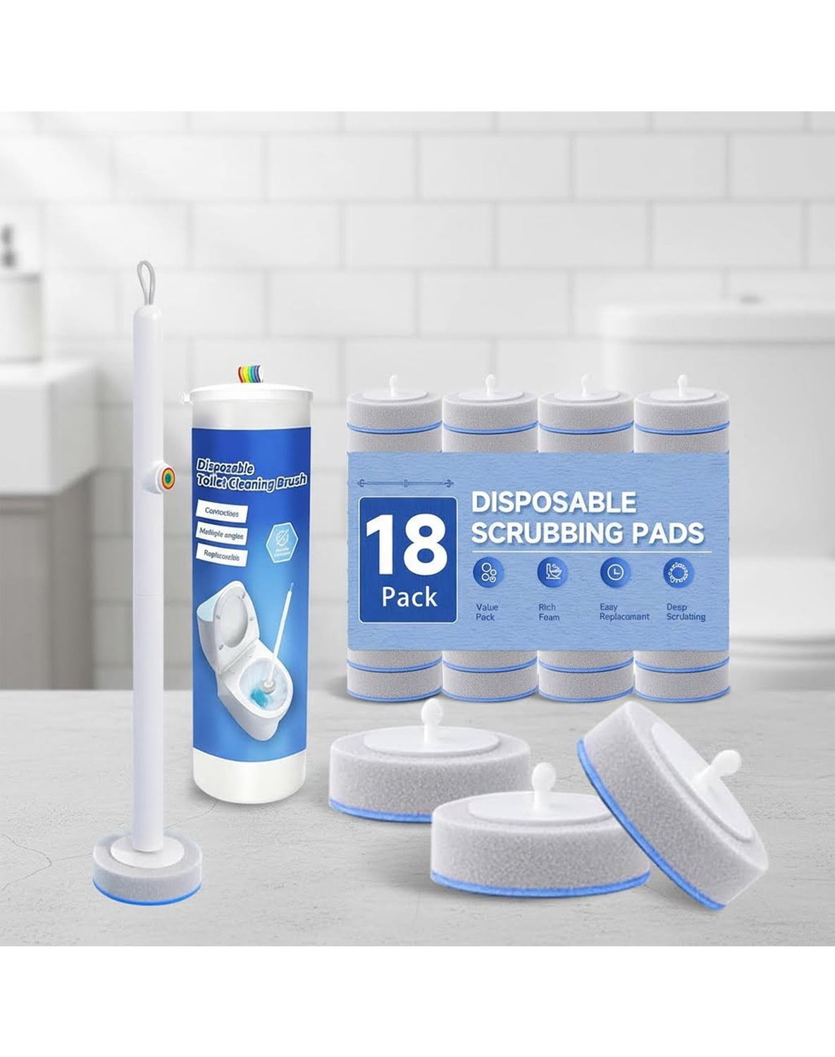Disposable Toilet Brush, All-in-One Toilet Cleaning System, Toilet Bowl Wand Kit with Scrubbing Pads Refills, Wall-Mounted, Compact, Multipurpose