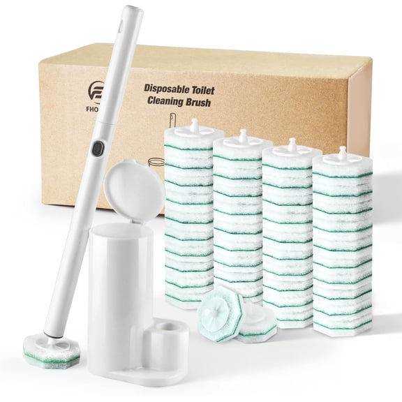 Disposable Toilet Brush and Holder with 42 Replacement Heads, Wall Mounted Toilet Wand Refills Kit, Fresh Scented Bathroom Cleaning System(Rainforest Rush)
