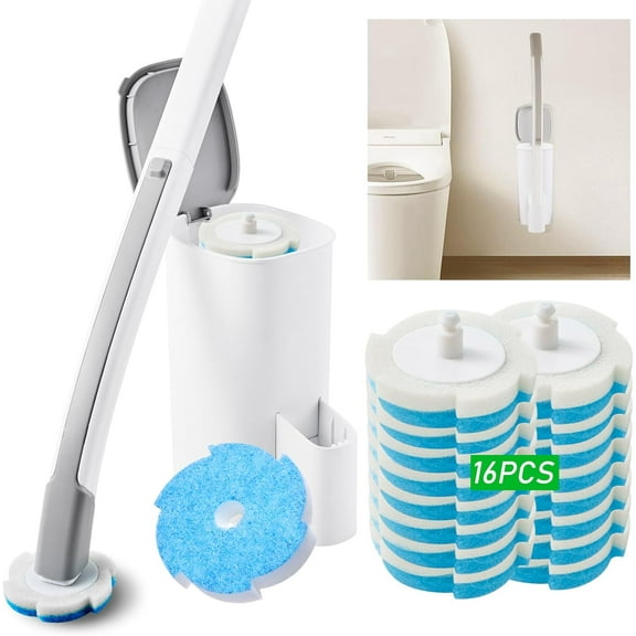 Disposable Toilet Brush and Holder Set with 16 Refills, Toilet Bowl Brush Cleaner Long Handle Wand, Compact Bathroom Toilet Scrubber Cleaning Supplies Wall Mounted for Bath Tub Sink Washbasin, White