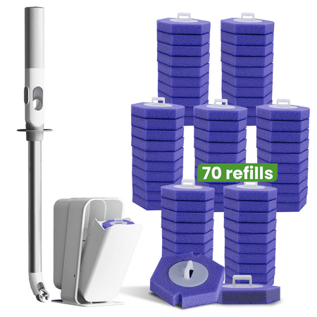 Disposable Toilet Brush Holder Set with 70 PCS Refills, Bathroom Cleaning System Kit with Toilet Handle Storage Caddy (1 Wand + 70 Refills + 1 Caddy)