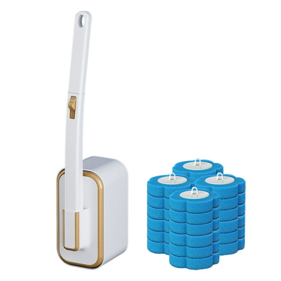 Disposable Toilet Brush System with 8 Heads & Caddy, Hygienic Bathroom Cleaning Supplies Set, One-Touch Head Ejection, Slim Corner Brush for Bowl, Corners & Hinges