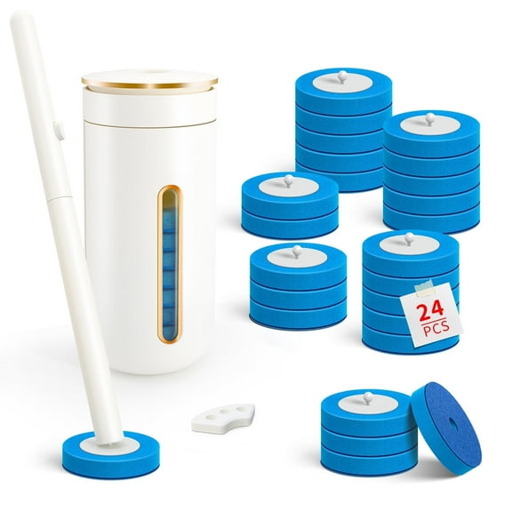 Disposable Toilet Brush with Refill Heads - Wall Mounted Cleaning System Includes Storage Caddy & Toilet Wand, 24 Scrubbing Pads