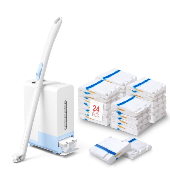 Disposable Toilet Brush Wand Starter Kit for Scrubbing Bubbles Flushable Refills, Wall Mount Toilet Cleaning System, 1 Wand + 24 Flusahble Refills