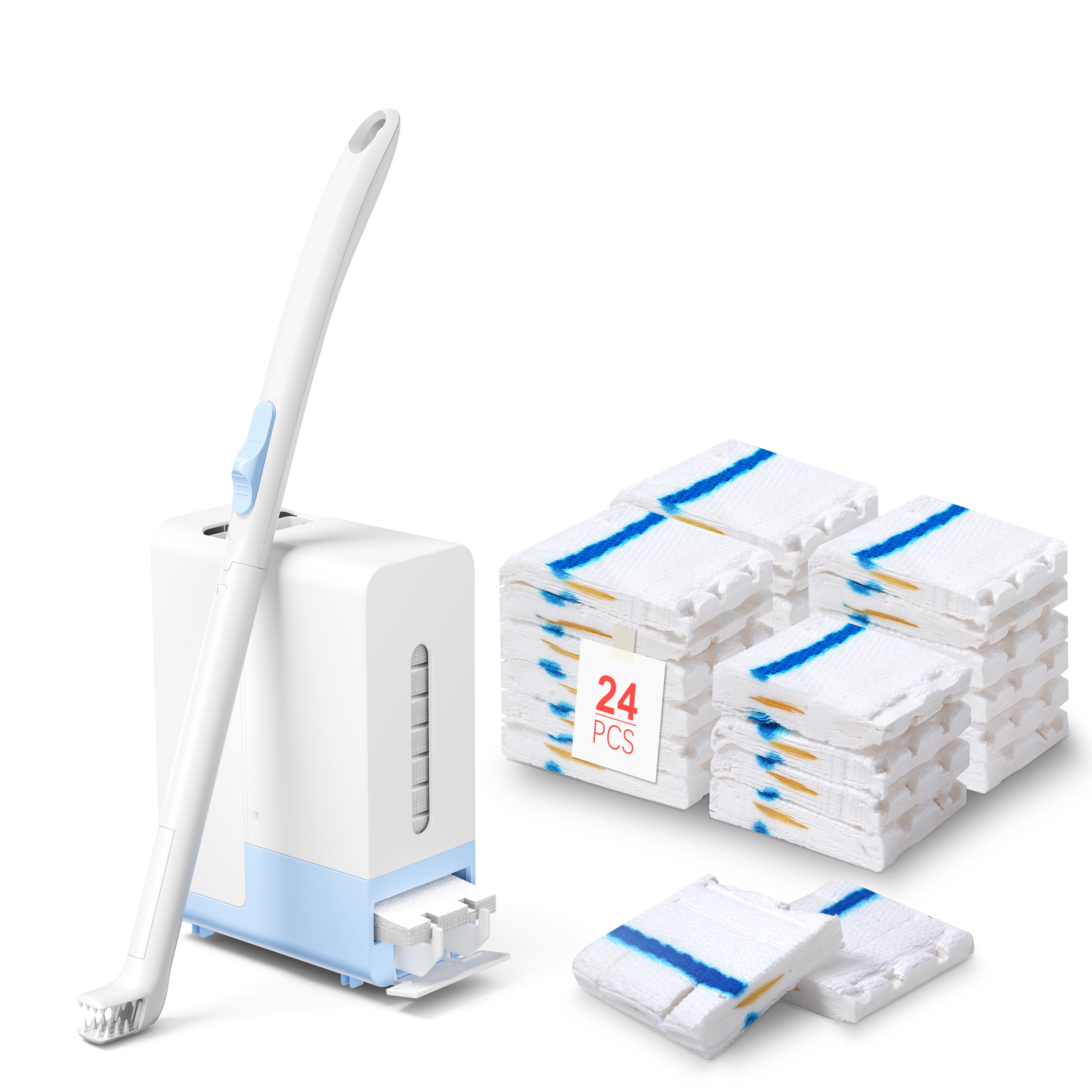 Disposable Toilet Brush Wand Starter Kit for Scrubbing Bubbles Flushable Refills, Wall Mount Toilet Cleaning System, 1 Wand + 24 Flusahble Refills + 1 Automatic Visual Caddy