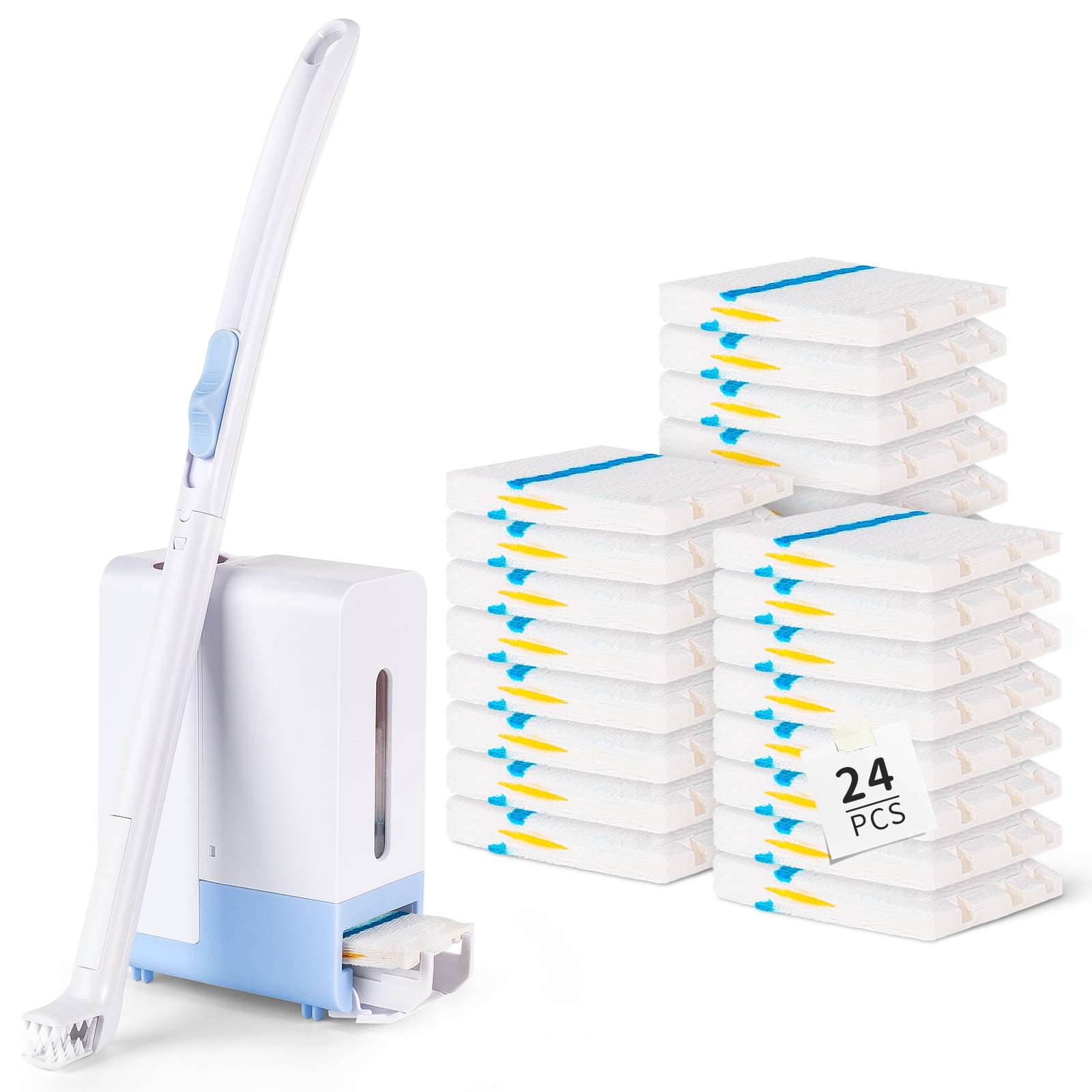 Disposable Toilet Brush Wand Starter Kit for Scrubbing Bubbles Flushable Refills, Wall Mount Toilet Cleaning System, 1 Wand + 24 Flusahble Refills + 1 Automatic Visual Caddy