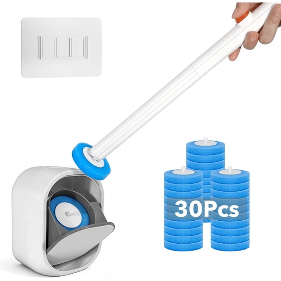 Disposable Toilet Brush & Wand Starter Kit, Wall-Mounted Auto-Closing Caddy with 30 Refills, Deep Cleaning System Pre-Loaded Scrubber for Rust Hard Water, Mess-Free Modern Design