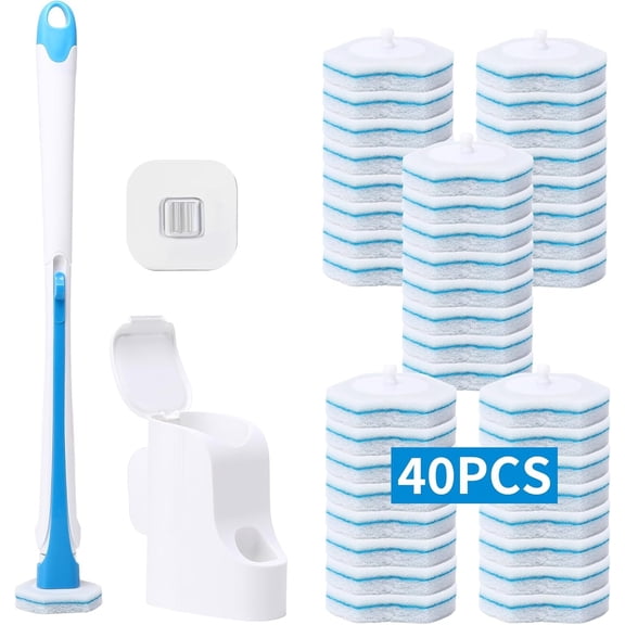 Disposable Toilet Brush with 40 count Refills, Wall Mounted Compact Bathroom Bowl Wand Cleaning System Long Handle with Storage